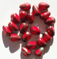 20 11x8mm Three Sided Opaque Red Picasso Drop Beads